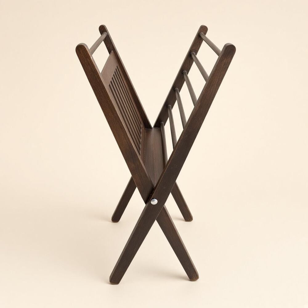 Vintage Wood Folding Magazine Rack X-Frame Slatted Dark Stain Newspaper Stand